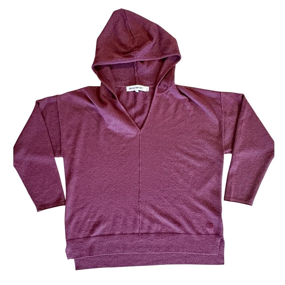 DKNY Burgundy V-Neck Hoodie Sweater Long Sleeve Comfy Core Womens XL